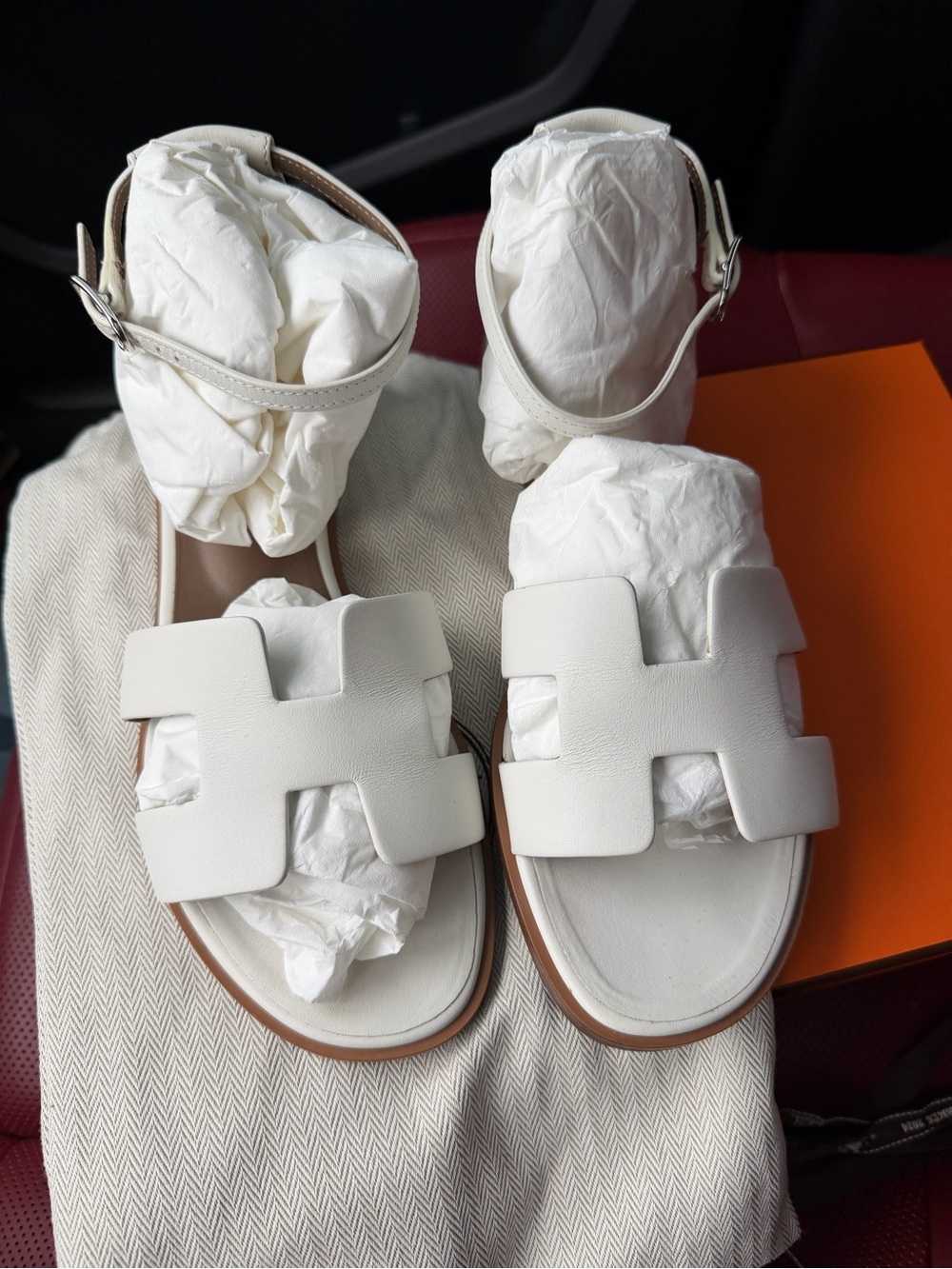 Hermes Santorini White Leather Women's  Sandals